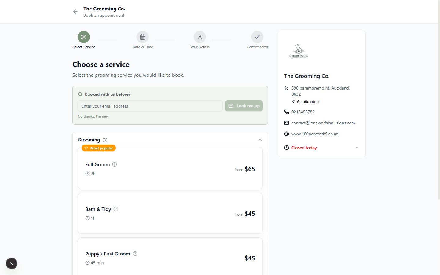 Lumi online booking page showing service selection for a grooming salon